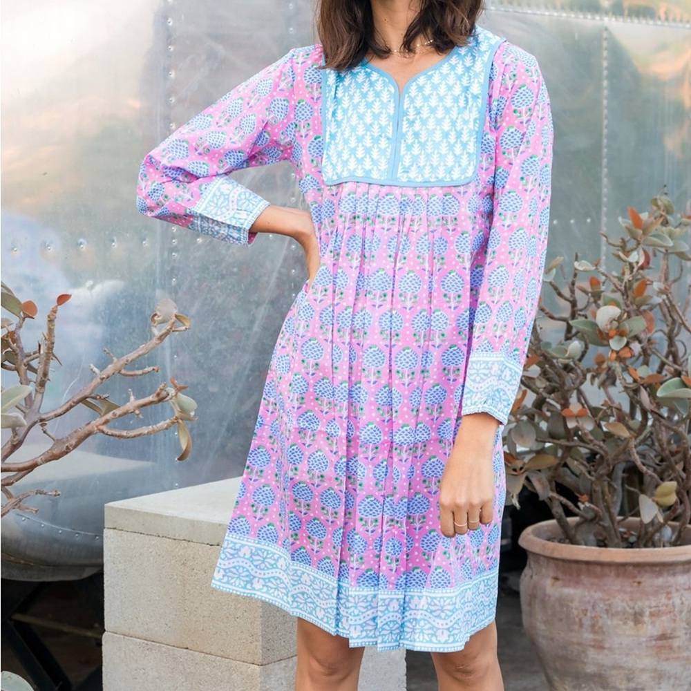 SZ Blockprint Jaipur Eva Pink Pineapple Blue Cotton Dress